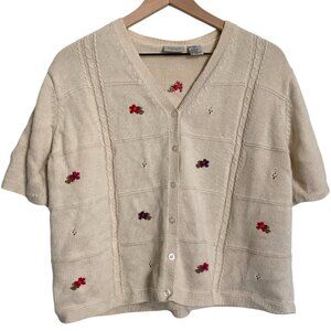 Vintage Short Sleeve Floral Embroidered Cardigan Sweater Cream XL
